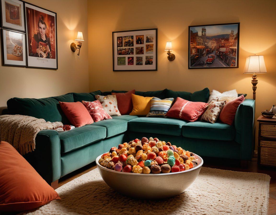 A cozy living room setting, featuring a plush couch adorned with colorful pillows, surrounded by a variety of sweet snacks like popcorn, chocolate-covered strawberries, and candy bowls. A warm glow from fairy lights casts a romantic atmosphere, while a classic movie playing on a vintage projector adds to the charm. Large movie posters on the walls showcase iconic romantic films. soft lighting, inviting vibes. super-realistic. warm tones.