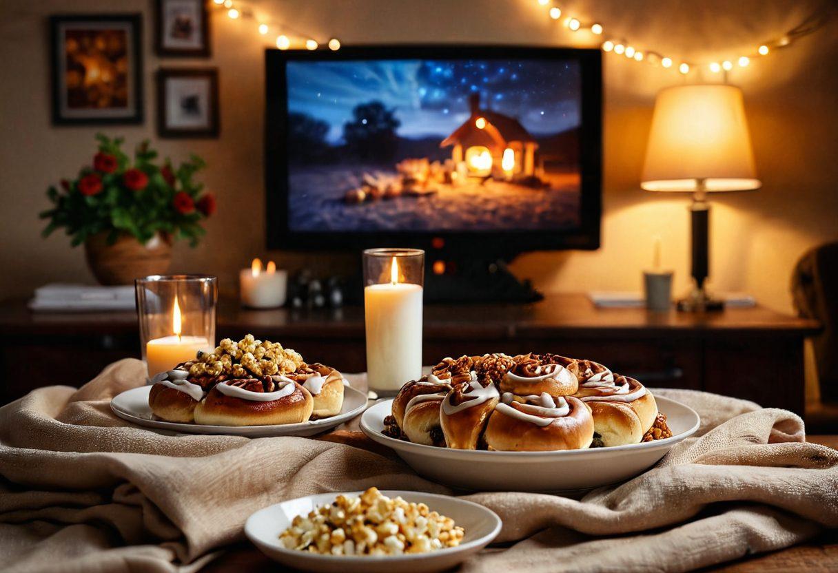 A cozy date night scene featuring a beautifully set dining table adorned with cinnamon snacks like cinnamon rolls and spiced popcorn, glowing candlelight, and a vintage film projector casting romantic movie scenes on the wall. Soft pillows and blankets in the background add warmth, with a subtly twinkling fairy light ambiance. The mood should feel playful yet intimate, inviting viewers to indulge in both food and cinema. Warm tones and inviting textures, super-realistic. soft focus.