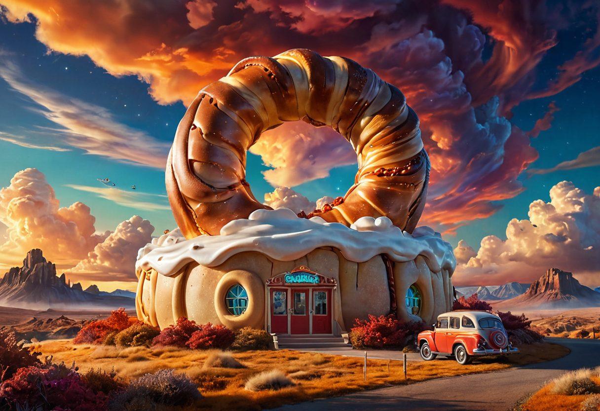 A whimsical and vibrant cinema scene featuring a dramatic landscape blending iconic movie settings, with a giant cinnamon roll towering in the foreground. The sky is filled with swirling colorful clouds resembling cinematic film reels, while classic film characters can be seen exploring the adventures around. Soft, warm lighting casts a magical glow over the entire scene. super-realistic. vibrant colors. whimsical style.